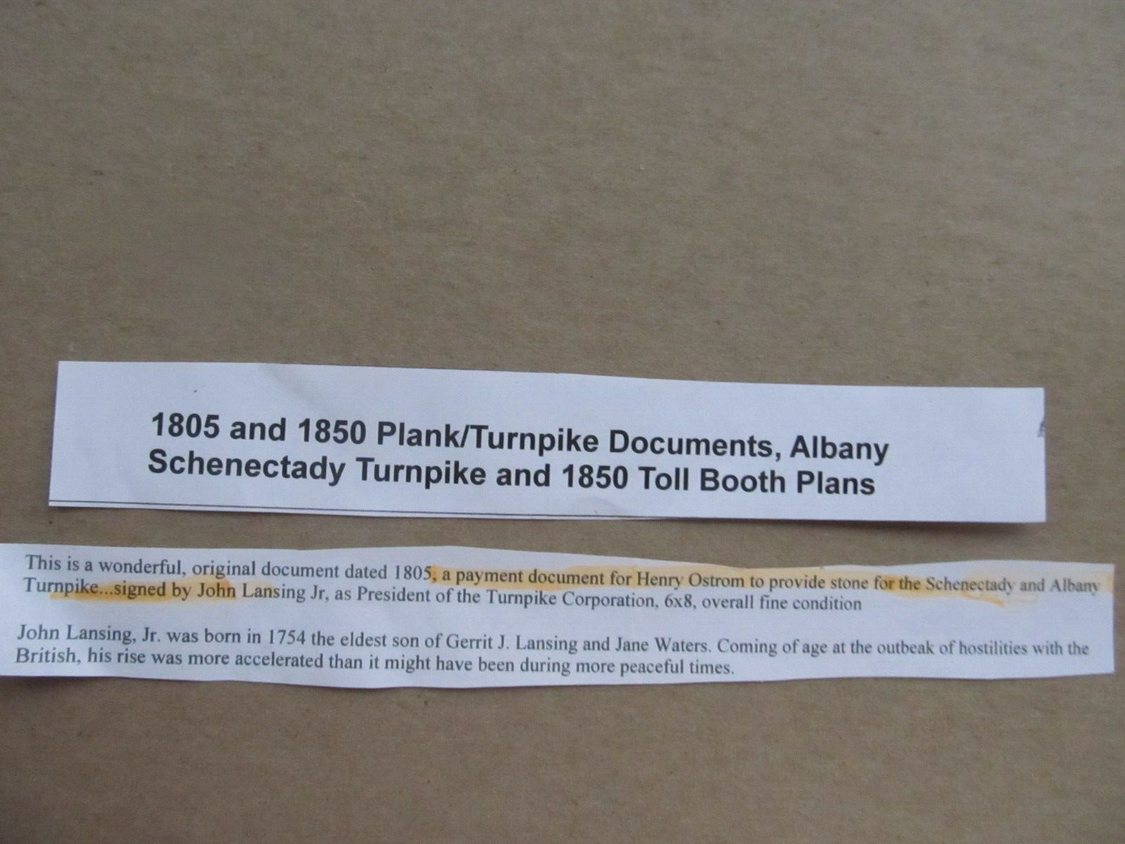 Rare  5-PAGE 1805 Antique Documents, Albany Schenectady NY Turnpike, Toll Booth