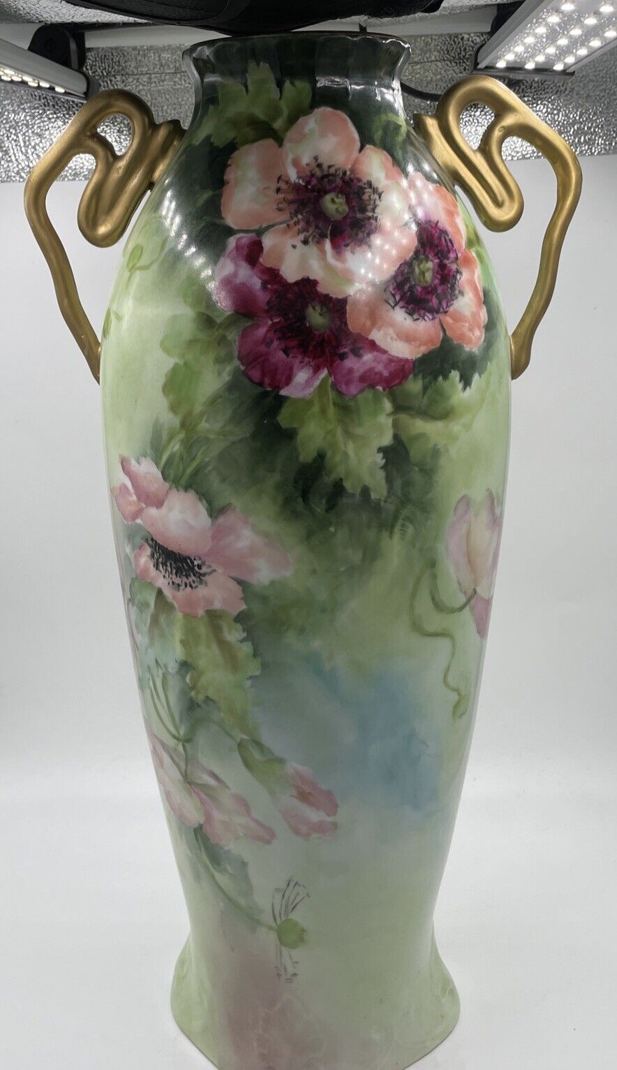 Antique Austria Porcelain Vase Hand Painted Flowers 15.5” Tall Large “Gorgeous”