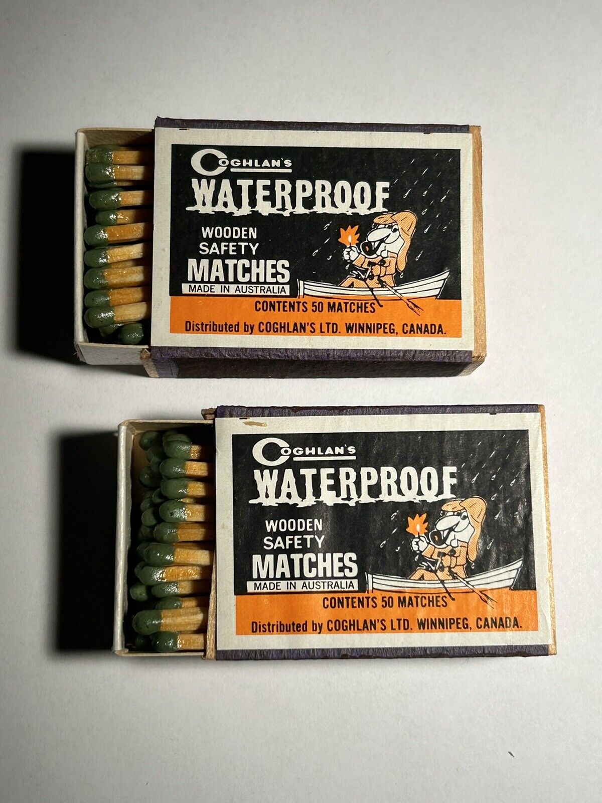 Vintage Coghlan’s Waterproof Wooden Safety Matches Two Boxes Unstruck