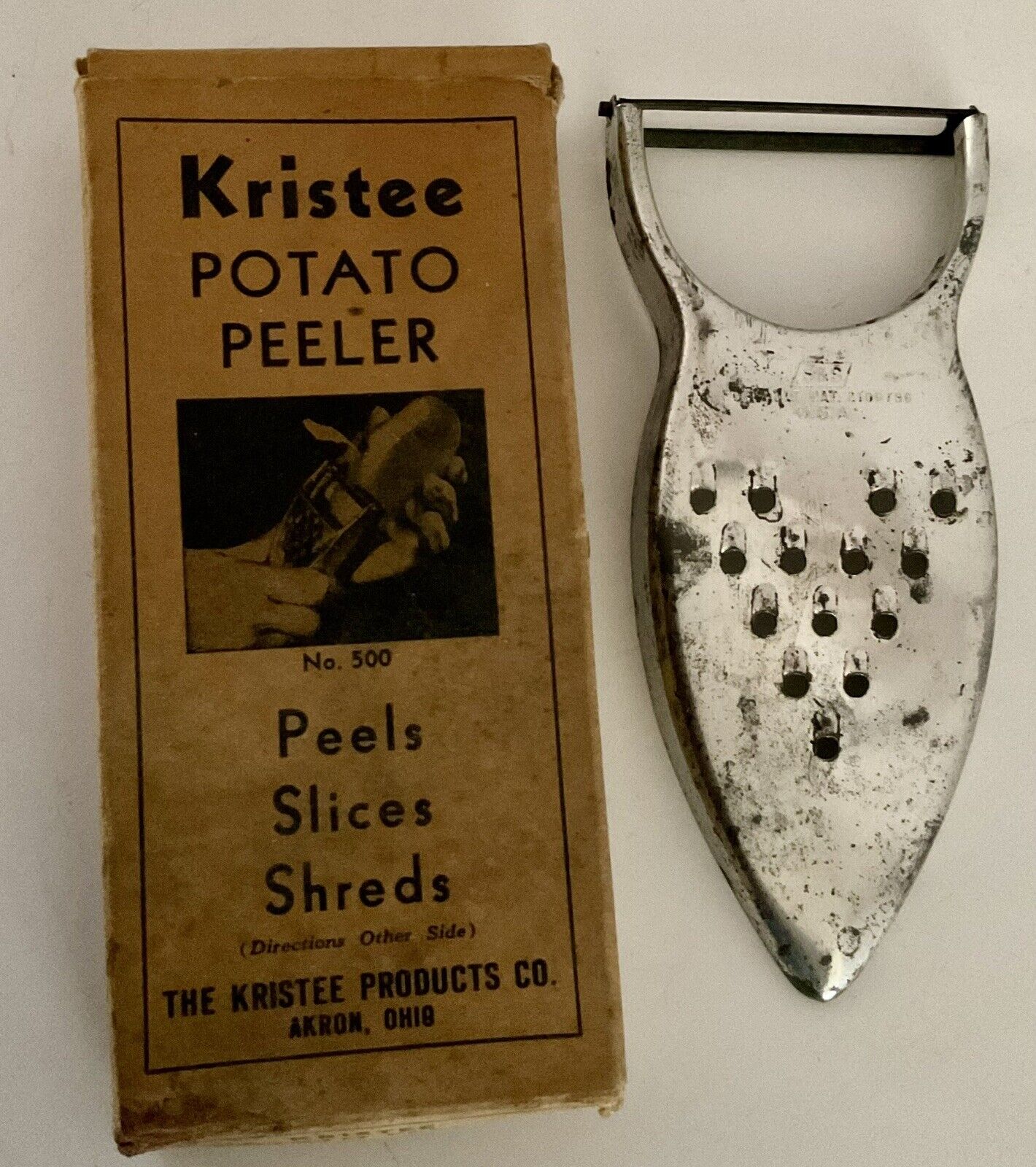 Vintage Late 1940\'s Kristee Metal Potato Peeler Slicer Shredder Grater~USA~IOB