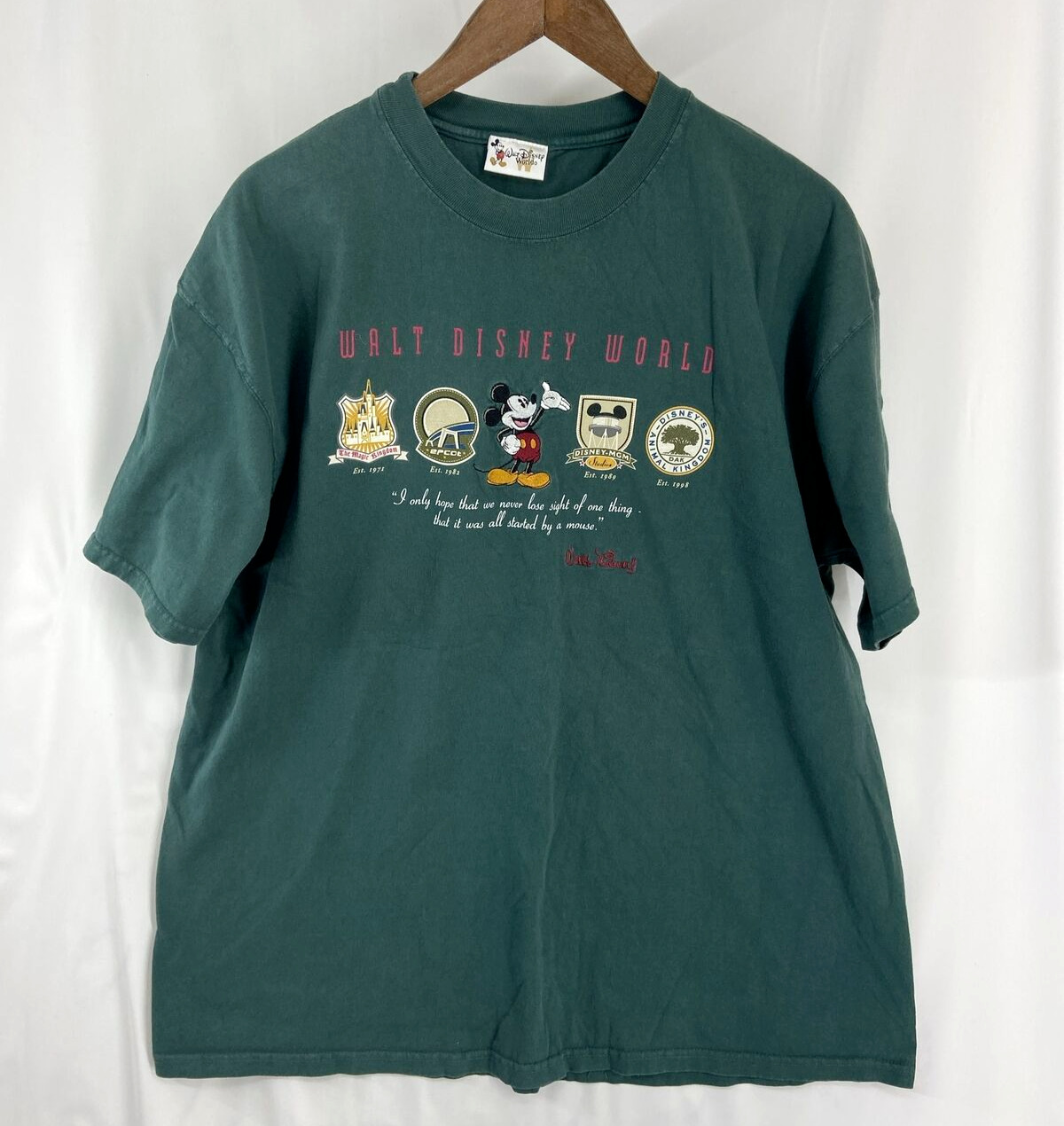 Vintage Walt Disney World Mens Green T-Shirt Sz XL 4 Parks Mikey Embroidered USA