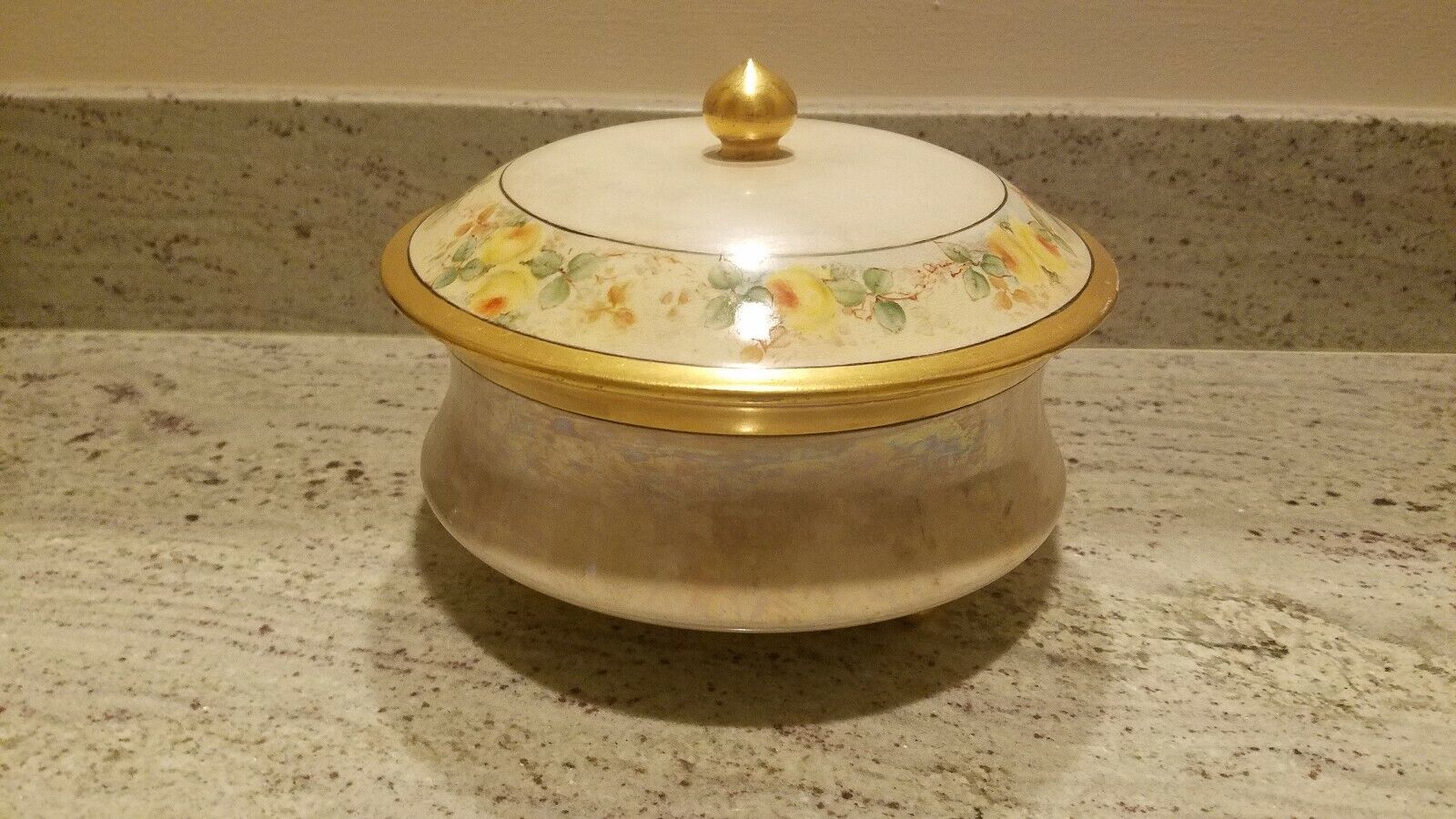 Vintage Hand Decorated Lusterware Lidded Dish, Flowers, Gold Trim, Footed.