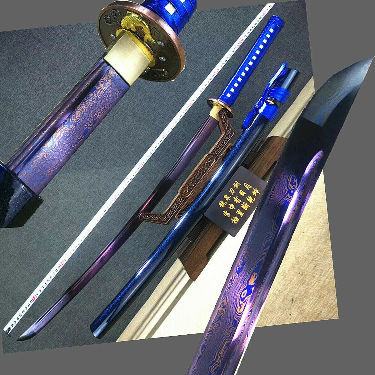 Japanese Sword Samurai Katana Sharp Blue Folded Damascus Steel Blade HandMade