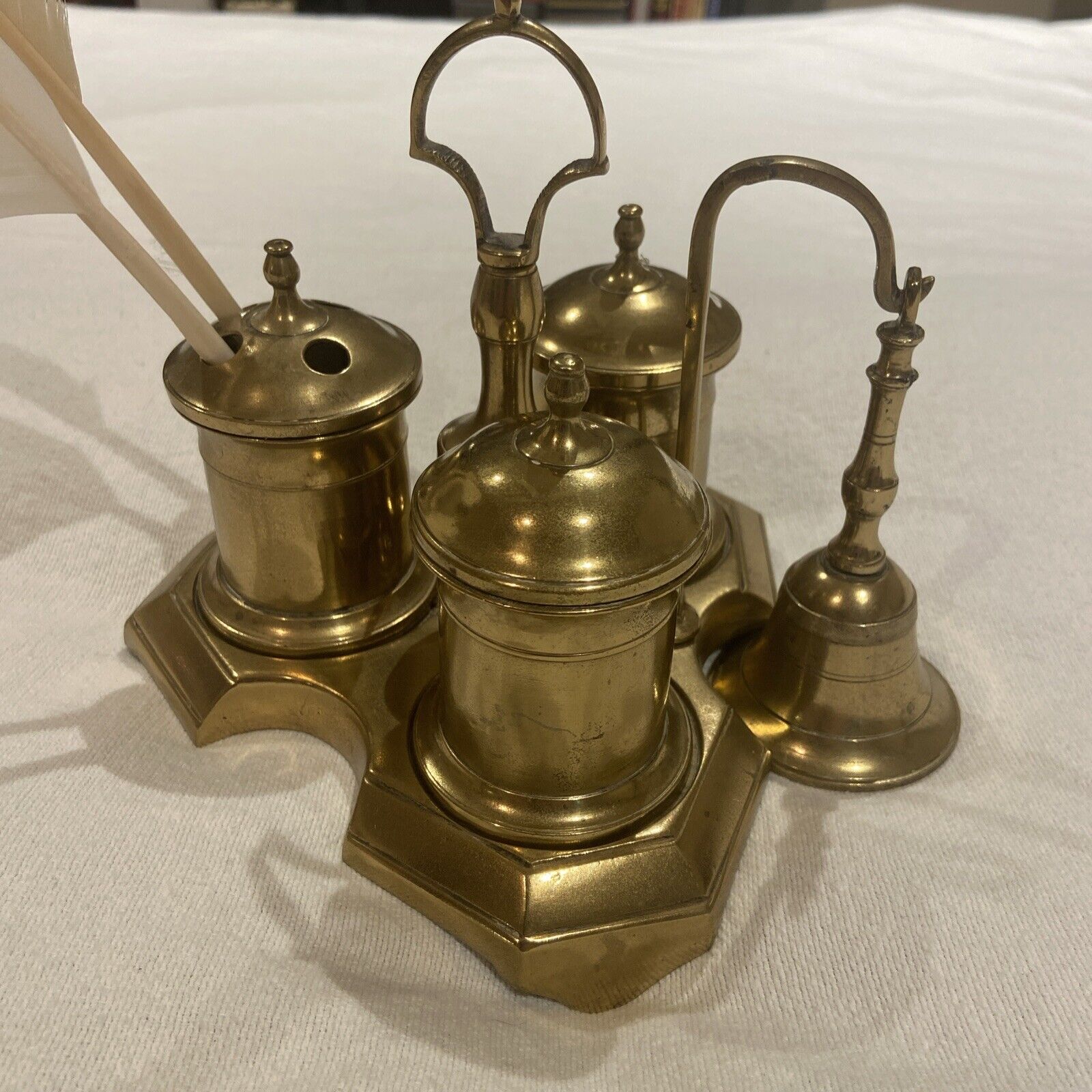 Antique Circa 1760-80 English Brass Inkwell w/ triangular base bell 3 pots