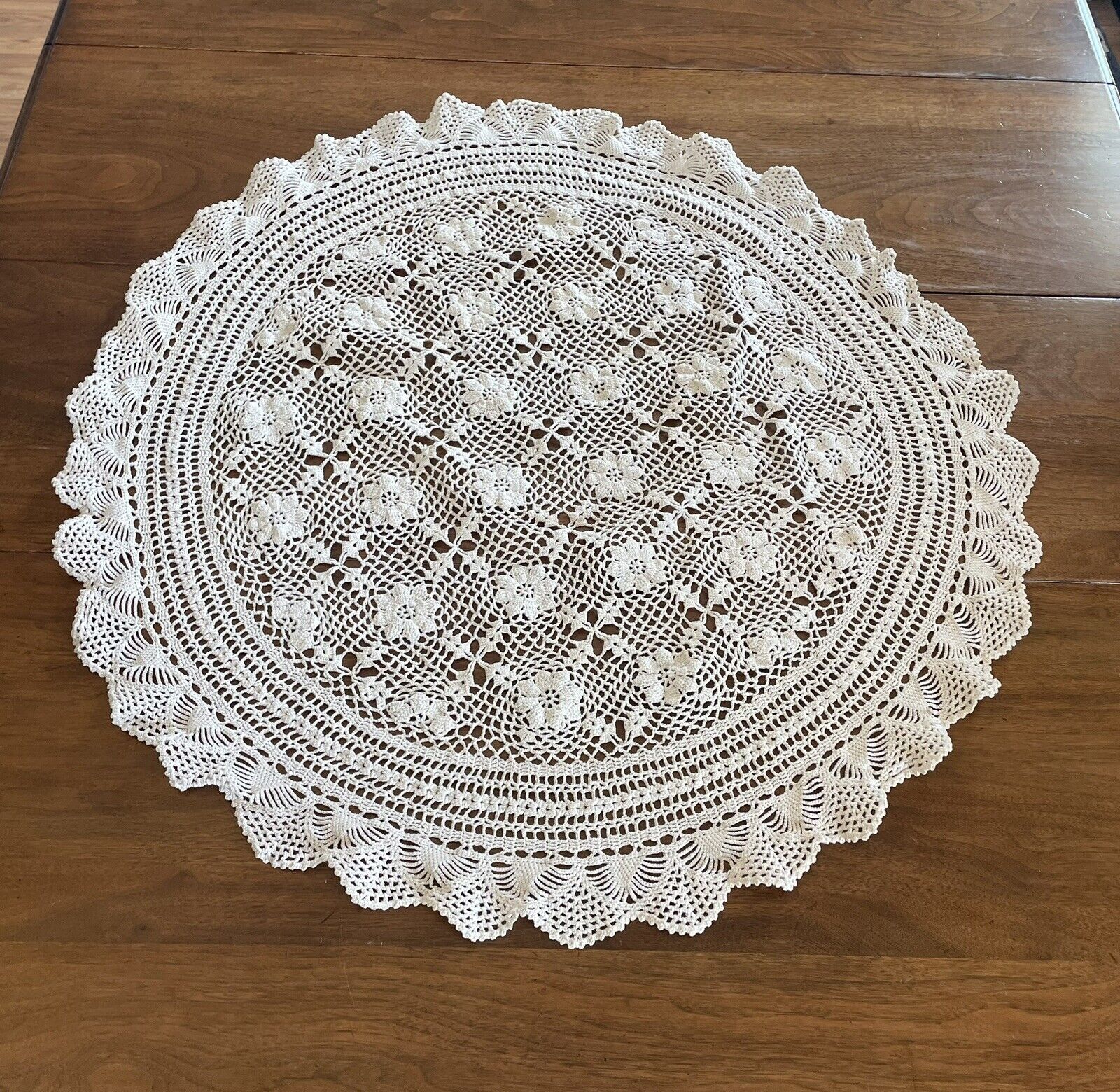 Vintage Crocheted By Hand Cotton Tablecloth Round 30”x30” Beautiful Flowers VGC