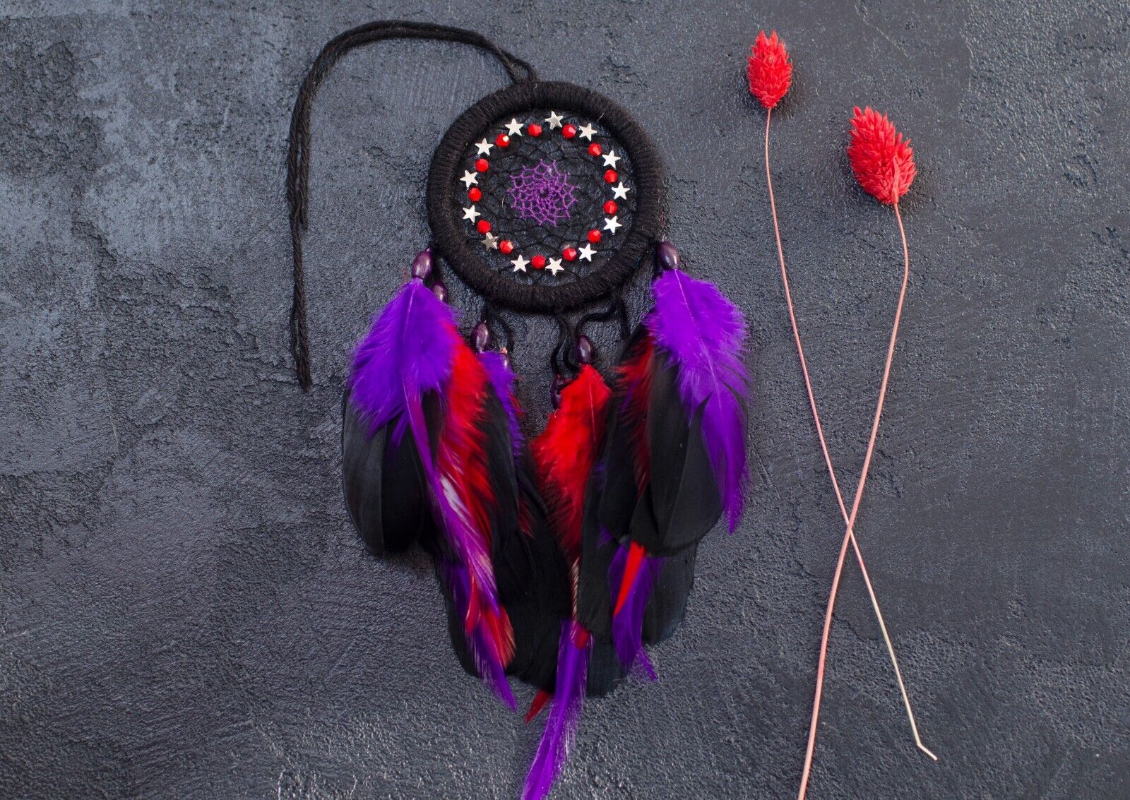 Small Dream Catcher Beaded Car Black Purple Red Wall Hanging Ornament Feathers