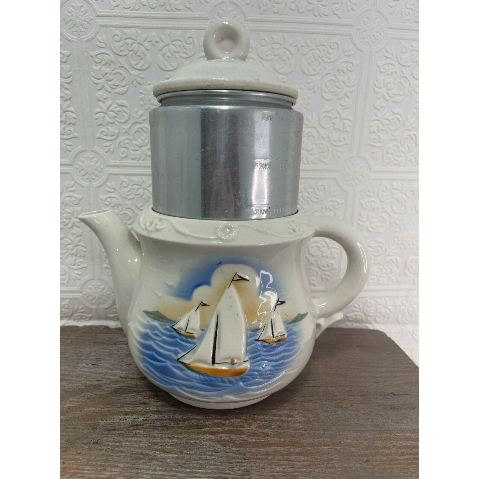 Vintage Porcelier China Drip Porcelain Coffee Pot Sailboat Nautical White
