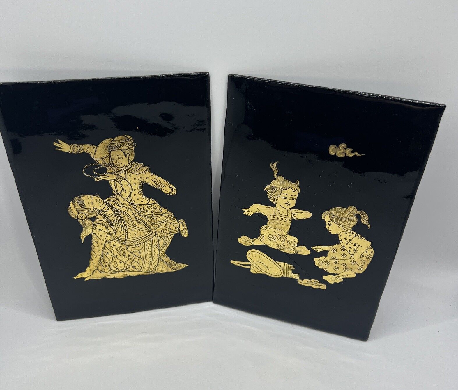 Asian Artwork Black Lacquer Enamel Gold Inlay- PAIRED