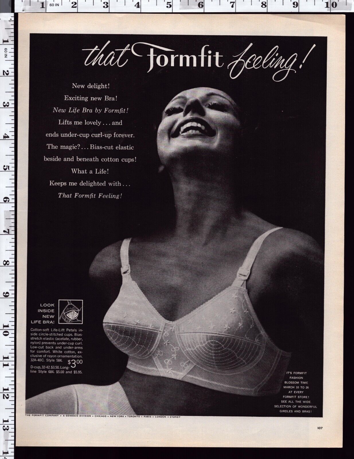 1961 Vintage Print Ad Formfit New Life Bra USA