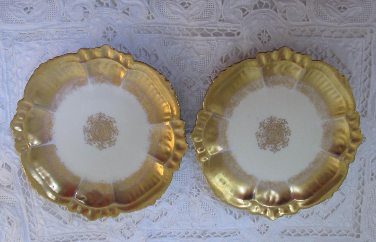 2 Antique Leonard Haviland Limoges Opulent Side Plates Ruffled Gold Rim 1890s