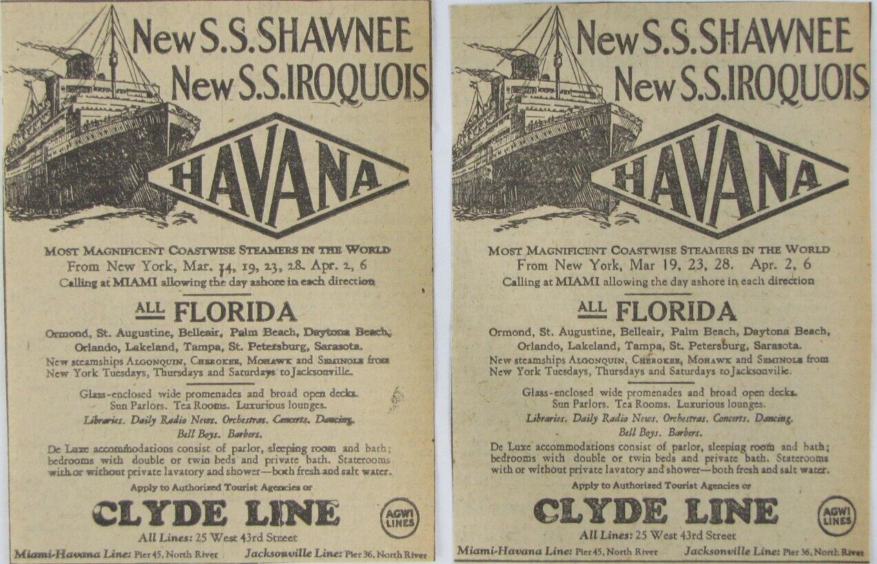 Vintage 1928 CLYDE Line Cruise Ship Newspaper Print Ads