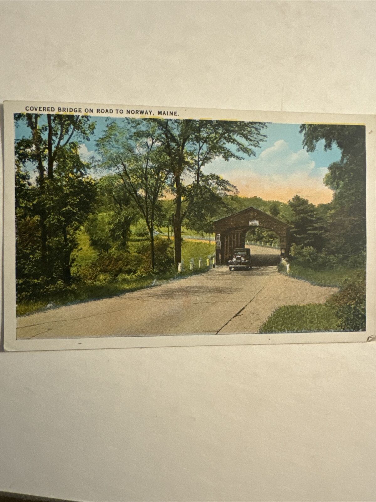 Covered Bridge On Road To Norway, Maine Vintage White Border Postcard