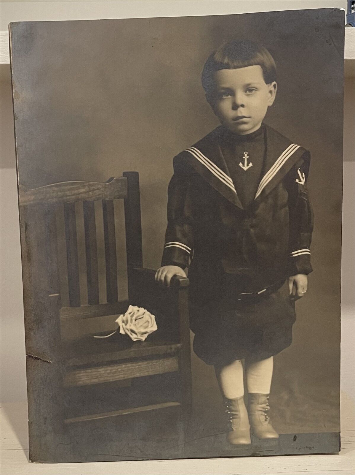 Antique Large Photograph Of A Rose and A Young Boy In Amazing Sailor Suit