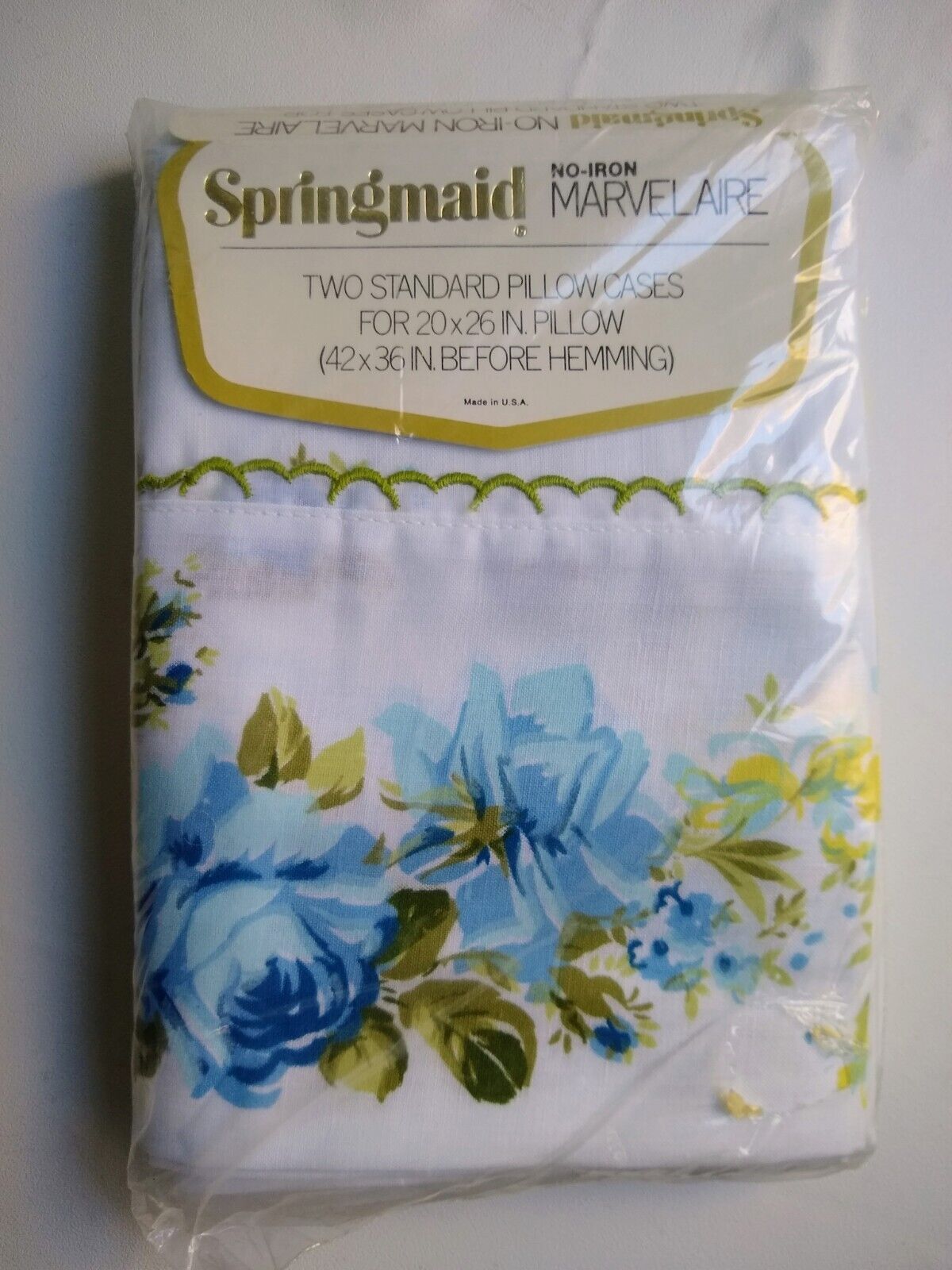 Vintage Springmaid 2 Pillowcases  Marvelaire Blue Rose No Iron muslin 20X26 NOS
