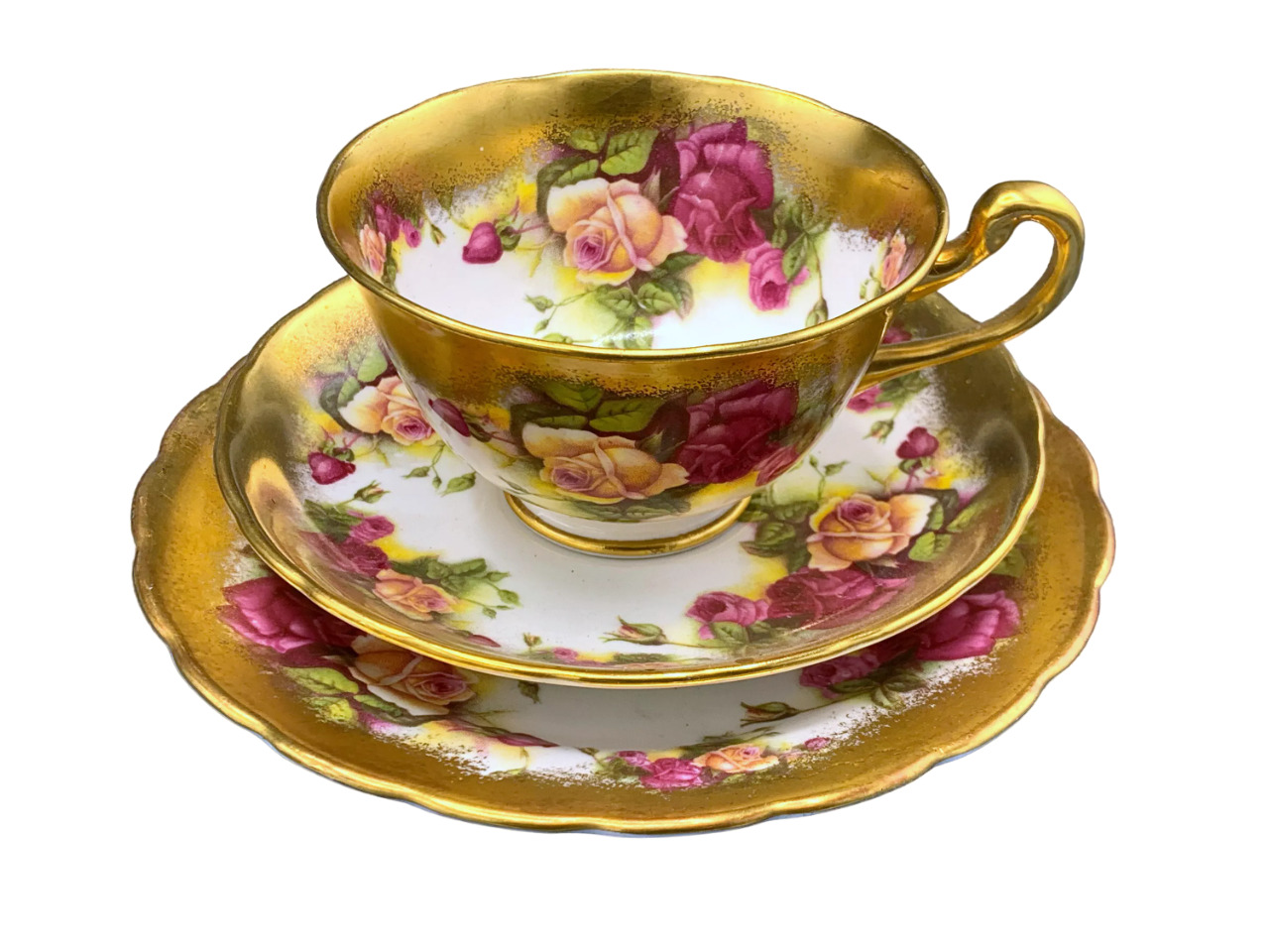 English Royal Chelsea Bone China Tea Cup & Saucer Golden Rose Heavy Gold Brush
