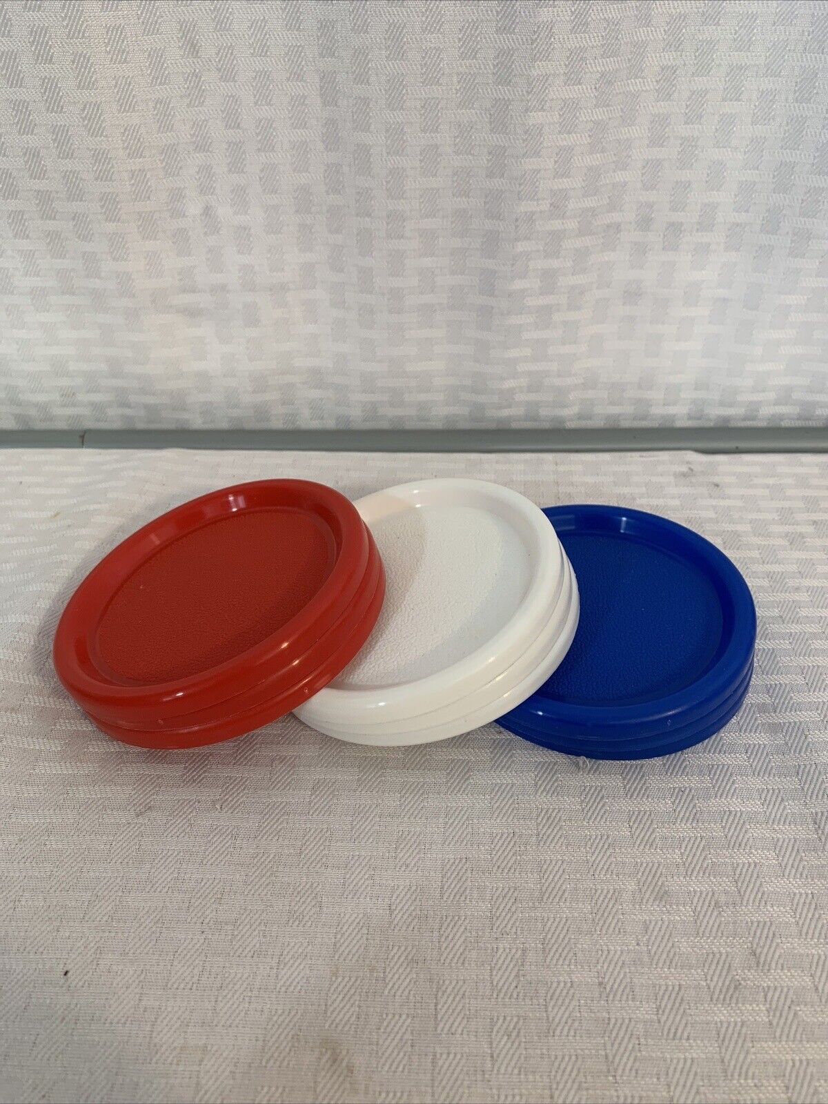 Vintage 3 Each Red White Blue Plastic Textured Coasters 3  5/8” Diameter