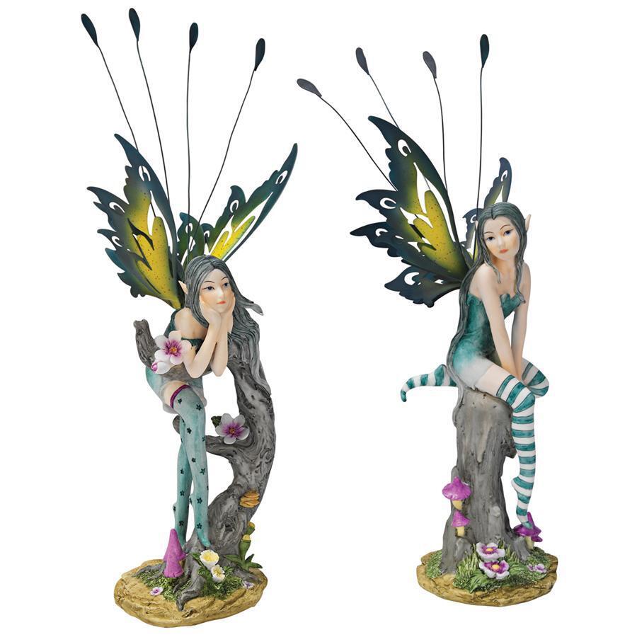 Set of 2: Scottish Countryside Metal Winged Fairies Wearing Stockings Statues