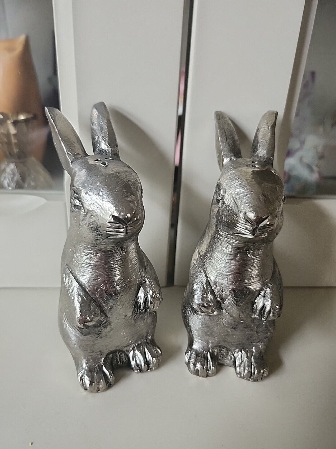 Pottery Barn Bunny Rabbit Easter Salt and Pepper Shakers Antique Pewter Metal