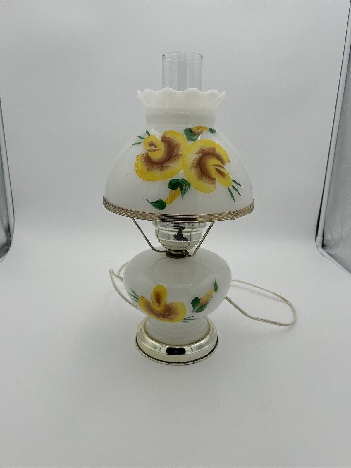 Vintage Gone with the Wind Hurricane Lamp YELLOW  ROSES on White Glass Lamp 17”