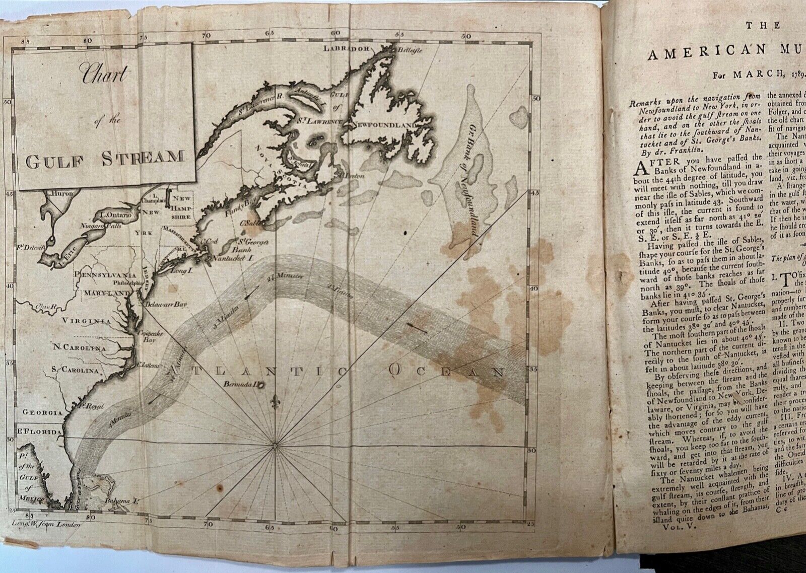 Benjamin Franklin's 1789 Chart of the Gulf Stream map & remarks, rare print