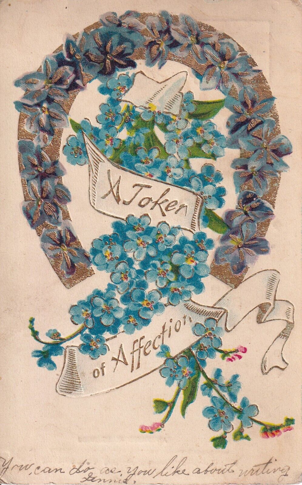 Vintage A Token of Affection Postcard Early 1900s Lucky Horseshoe Blue Flowers