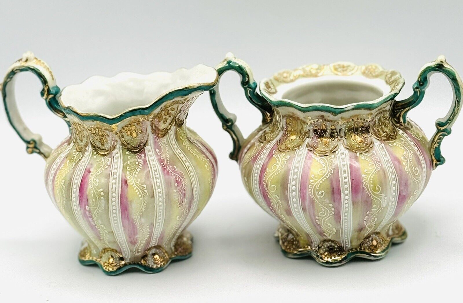 Antique Moriage Porcelain Creamer Open Sugar Bowl Nippon Gold Gilded