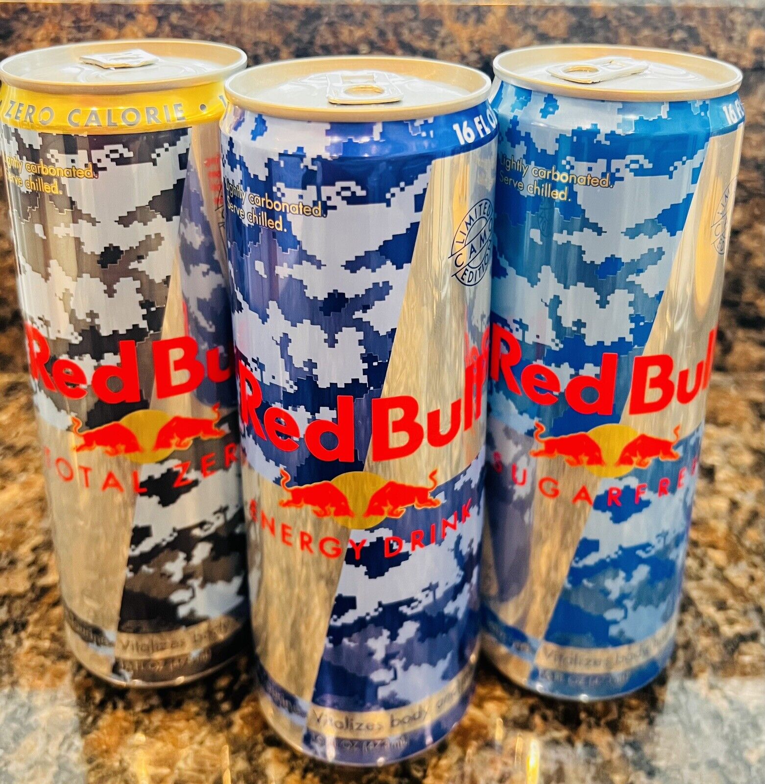 Very Rare Collectible Set (3) Red Bull 16oz Limited Edition Military Camo Cans🔥