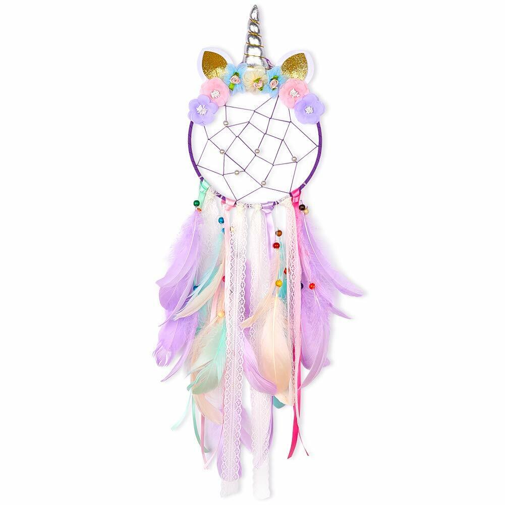 Unicorn Dream Catcher Purple Flower Feather Pendant Wall Hanging for Car Home