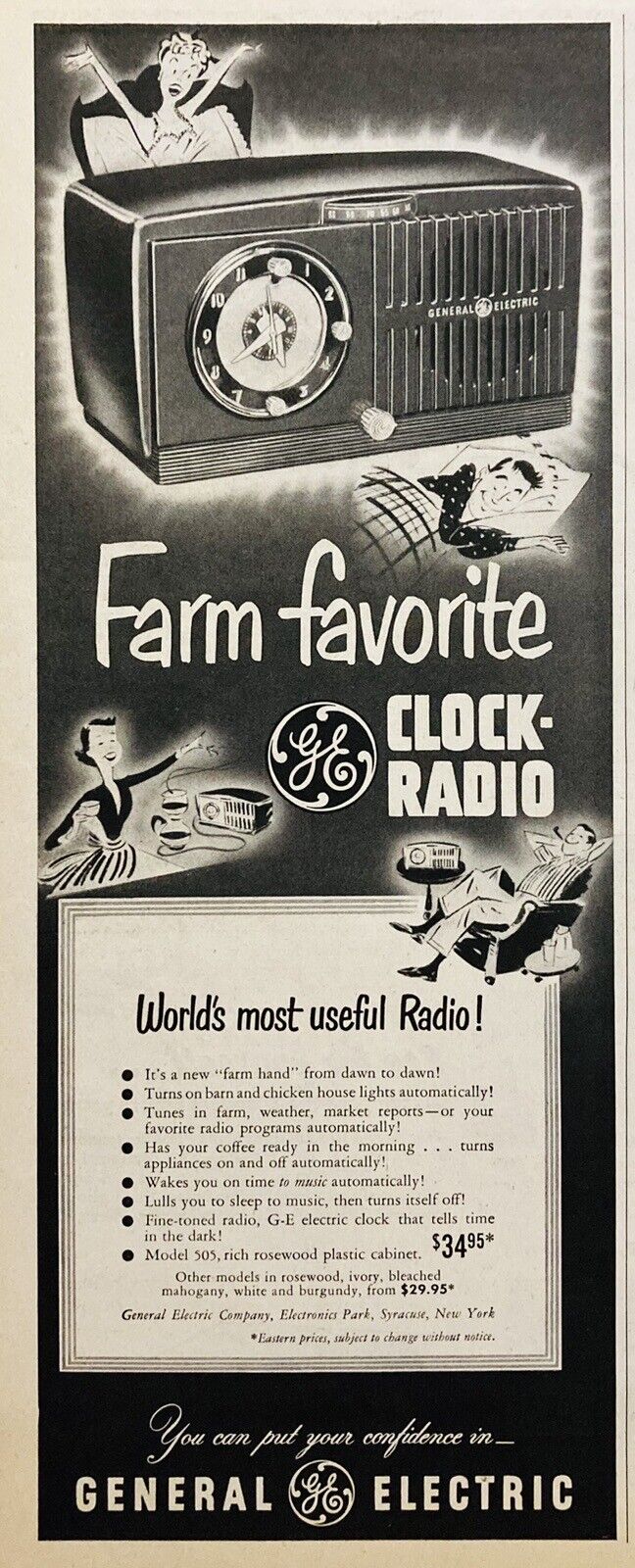 1950AD.(XH74)~GENERAL ELECTRIC CO. SYRACUSE, NY. FARM FAVORITE CLOCK RADIO