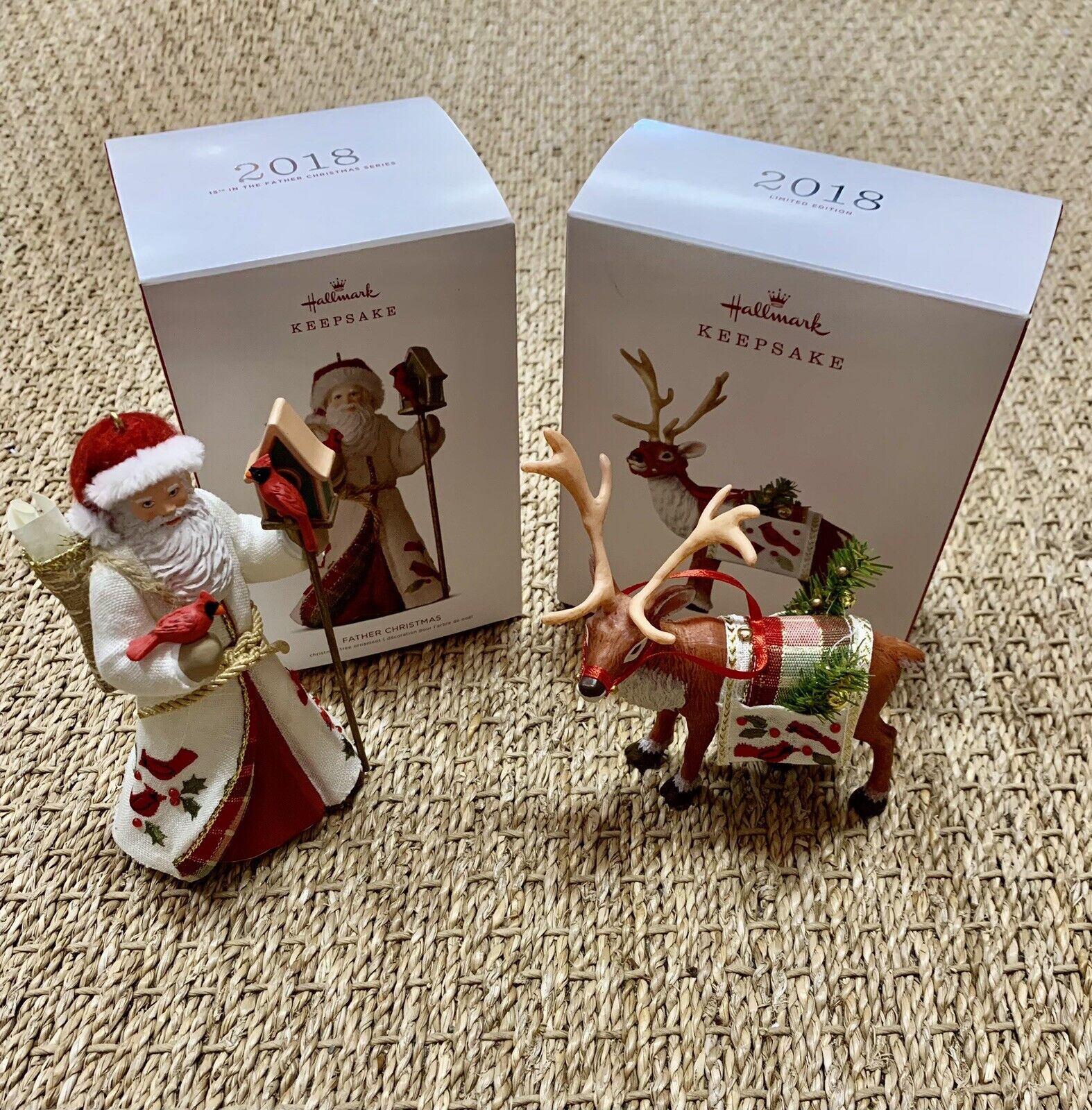 Two 2018 Limited Edition Hallmark Father Christmas And Reindeer Ornaments