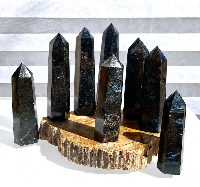 Natural Fireworks Arfvedsonite Crystal Tower Point Healing Obelisk Ornament Gift