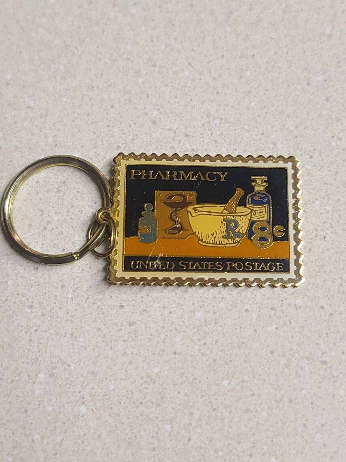 Pharmacy 8 Cent United States Postage Stamp Barr Laboratories Keychain Vintage