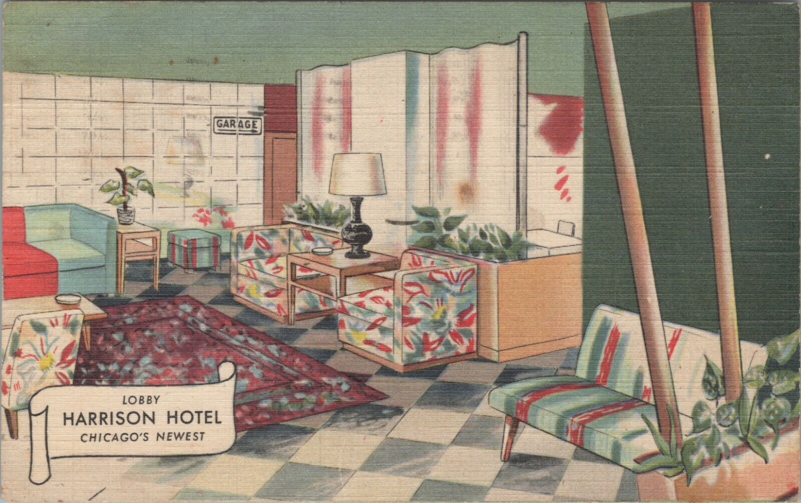 c1950s Harrison Hotel Chicago Illinois lobby interior linen postcard D14