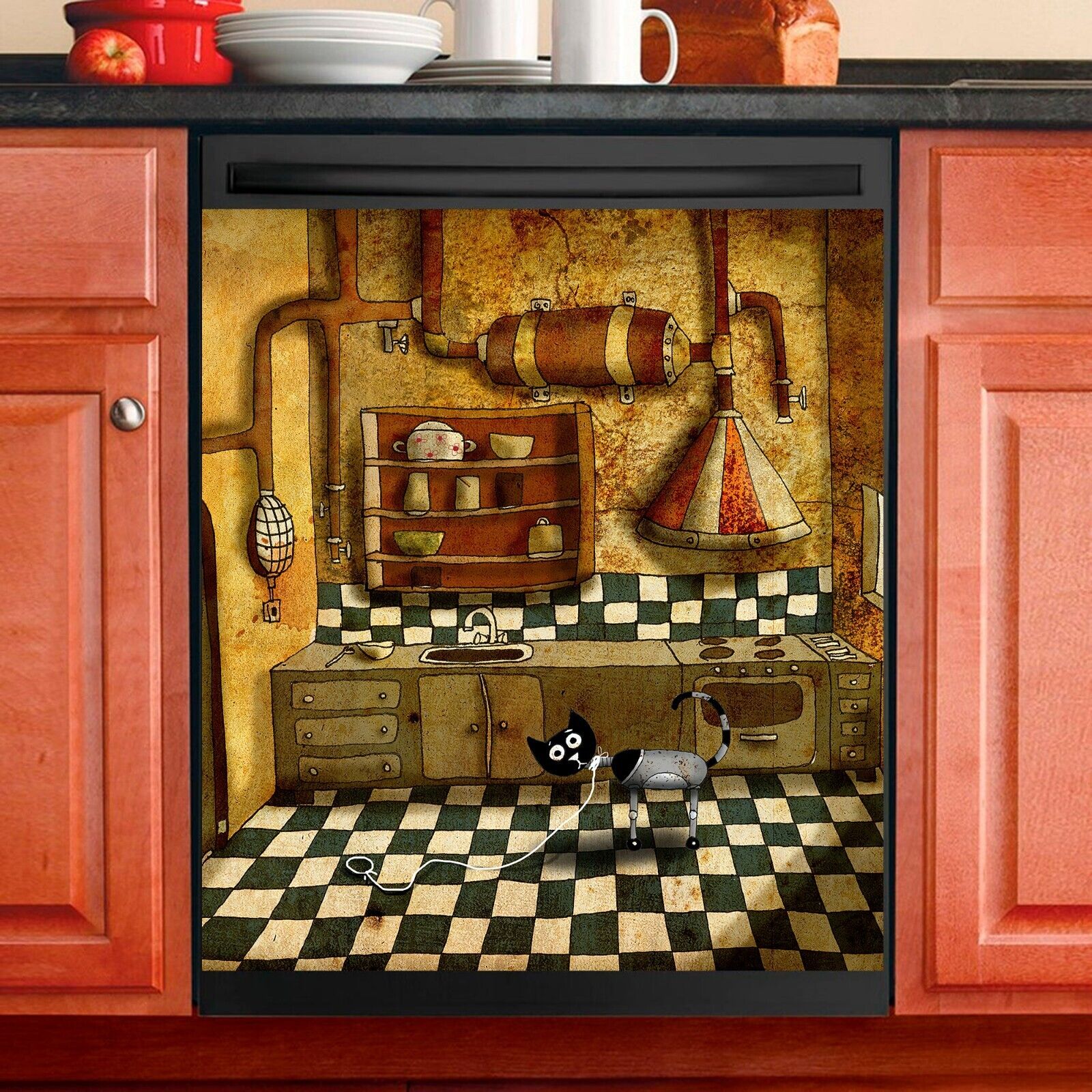 Steampunk Kitchen Magnet Dishwasher Cover, Steampunk Cat Kitchen Decor