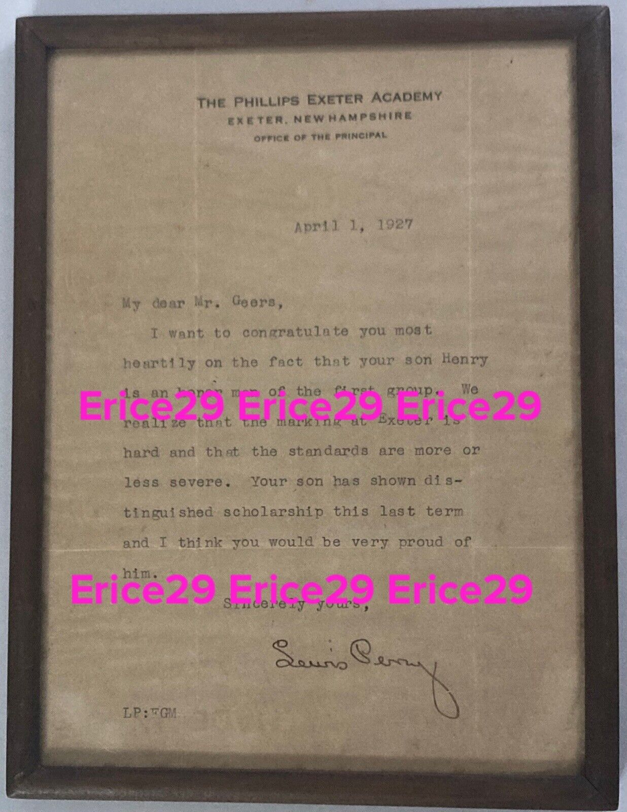1927 Phillips Exeter Academy Lewis Perry 8th Principal 1914–1946 Signed Letter