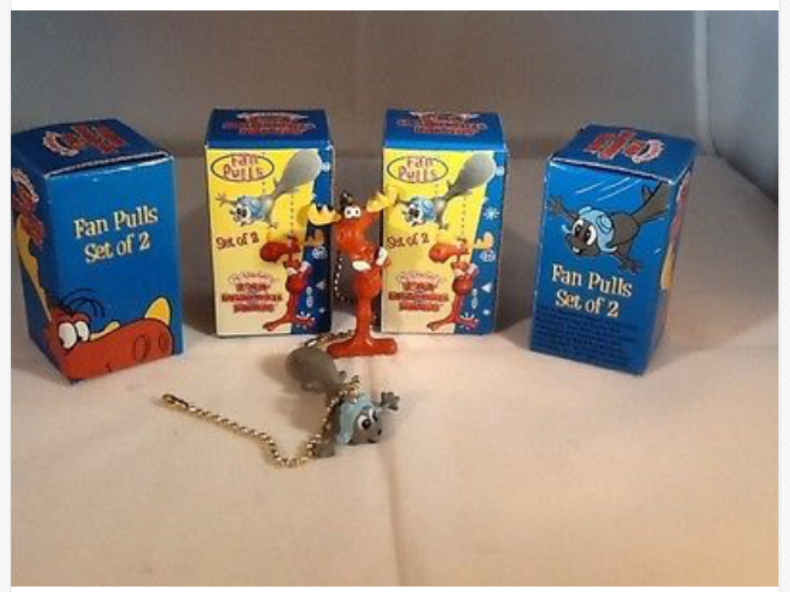 Rocky and Bullwinkle Ceiling Fan Light Pull Chain Set New 1980 Vintage Old Stock