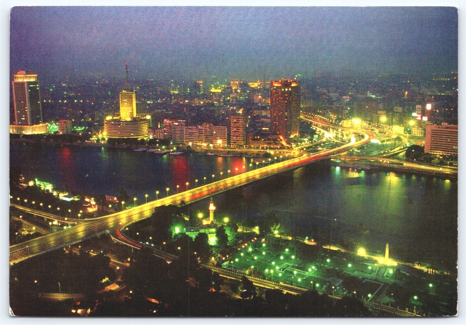 Egypt Cairo at Night, Aerial View, Nile River, Chrome Unposted, 6 x 4