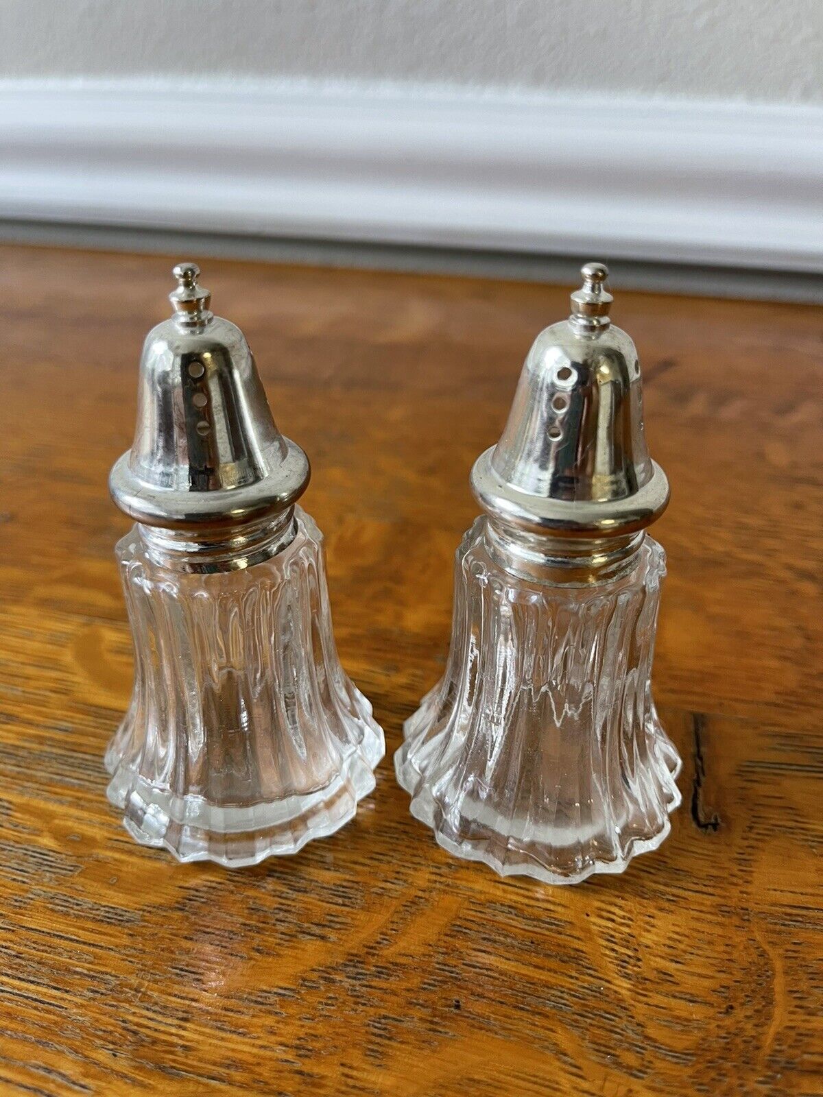 Pair of antique Glass Victorian style salt & pepper shakers Silver 