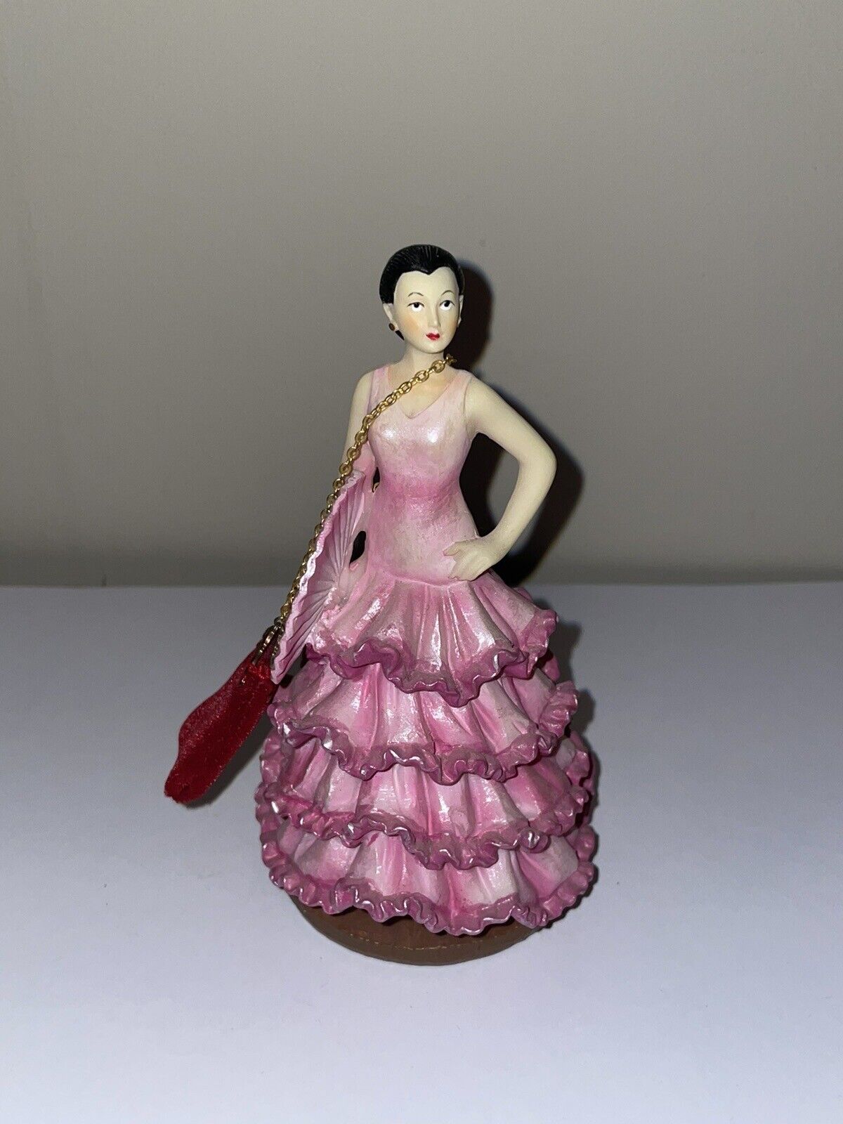 Vintage MCM Polystone Painted Porcelain Pink Dress Lady with Purse Figurine