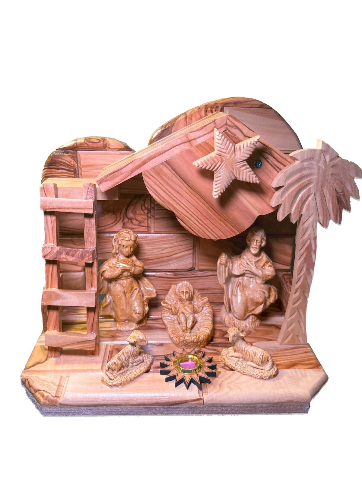 Nativity scene with the cave in Bethlehem olive wood Jesus birth 7x9 inches