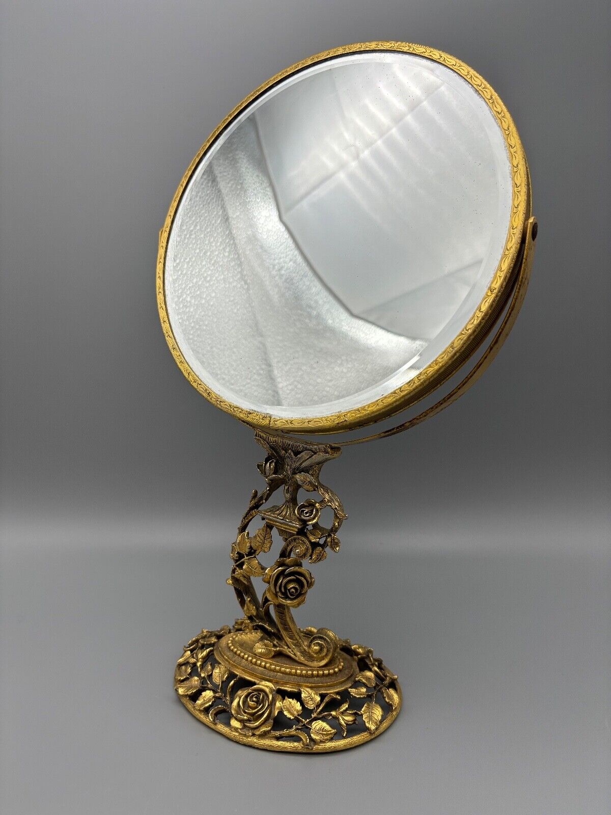Vtg MATSON Gold Ormolu Regency MCM Floral Rose Swivel Double-Sided Vanity Mirror
