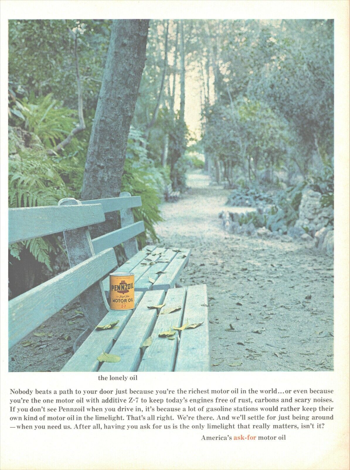 1968 Pennzoil Vintage Print Ad The Lonely Motor Oil Park Bench Automobile 