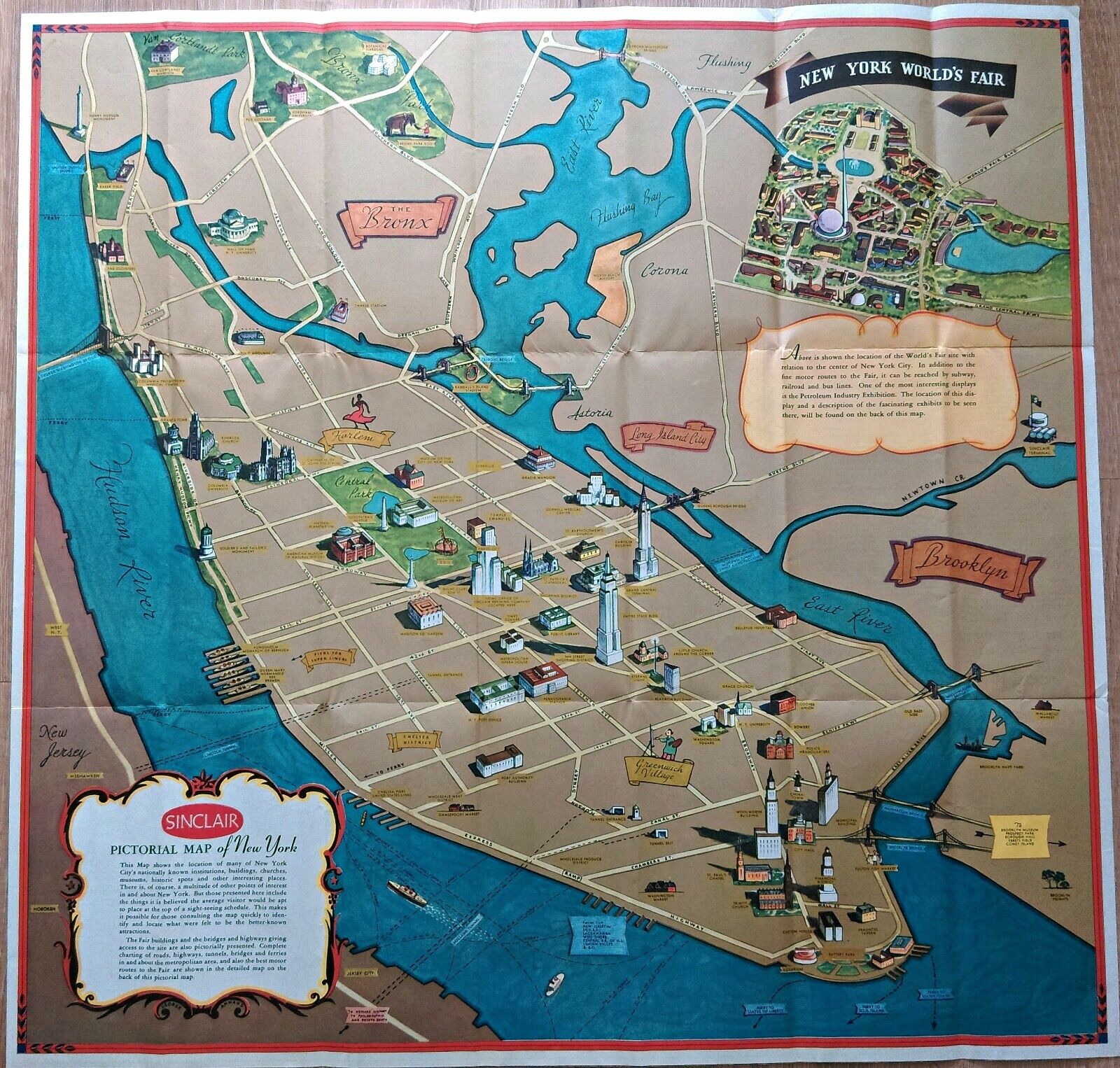 Rare 1939 George Annand Pictorial Map New York City, World\'s Fair Sinclair Oil