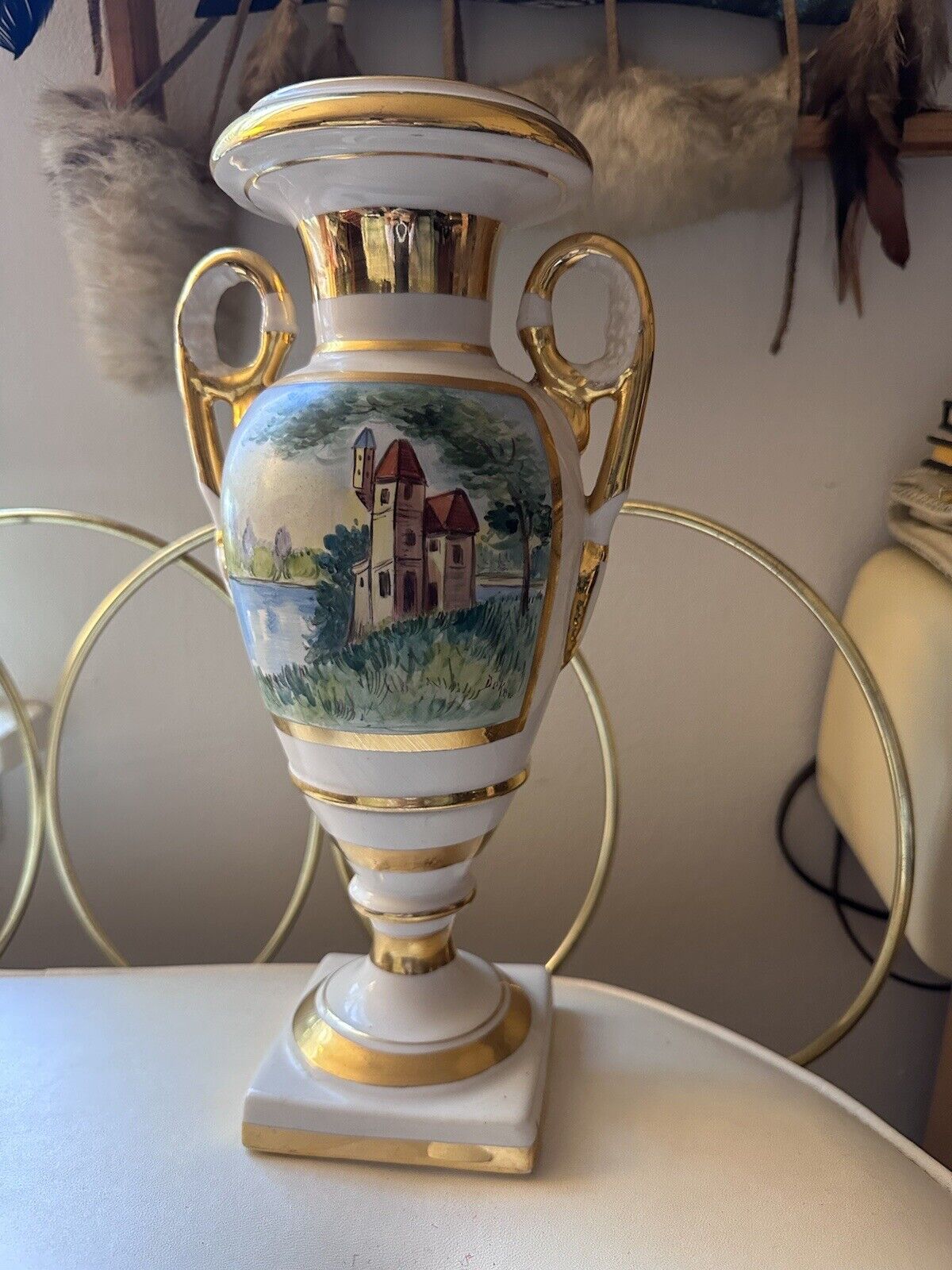 Vintage Old Paris porcelain Ceramic Vase Gold Hand Painted Scene