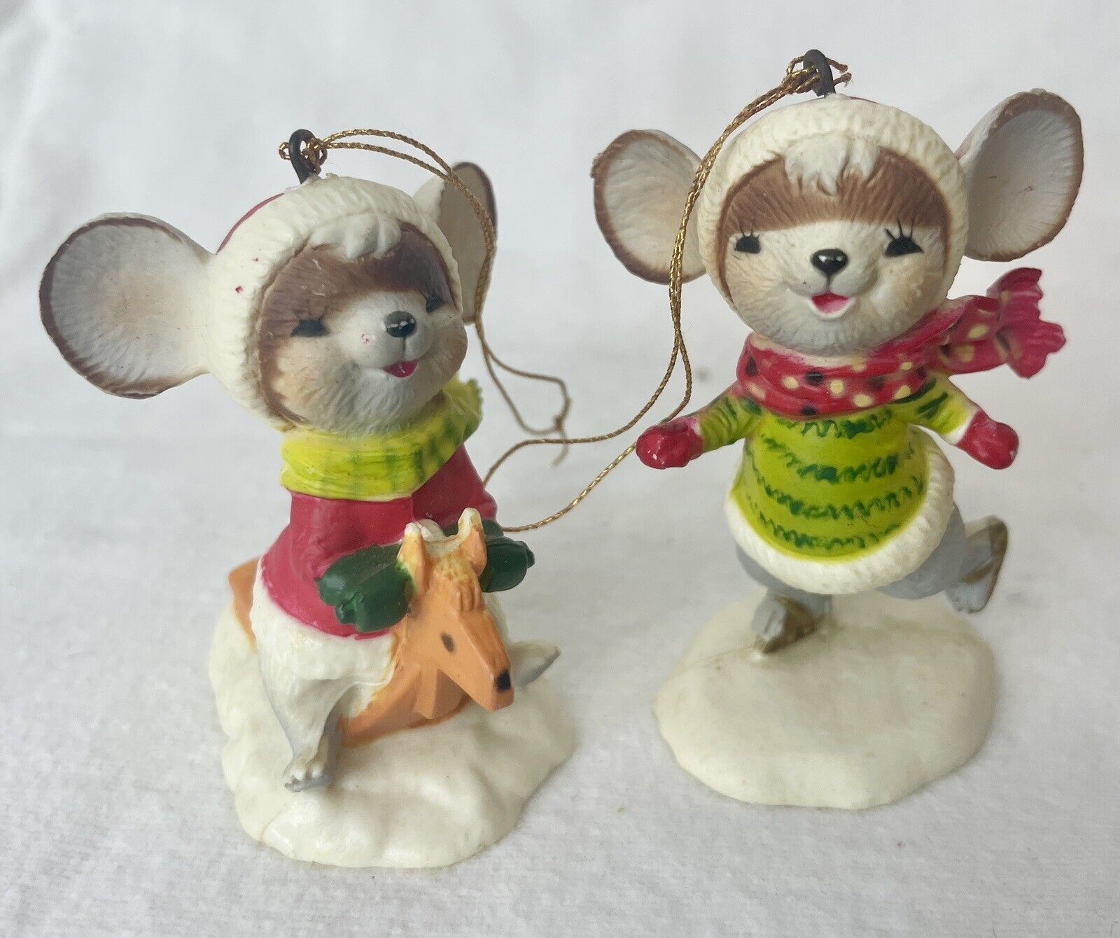 Vintage Christmas Mouse Ornaments Plastic LOT 2 Sled Mice Large Ears Cute Green