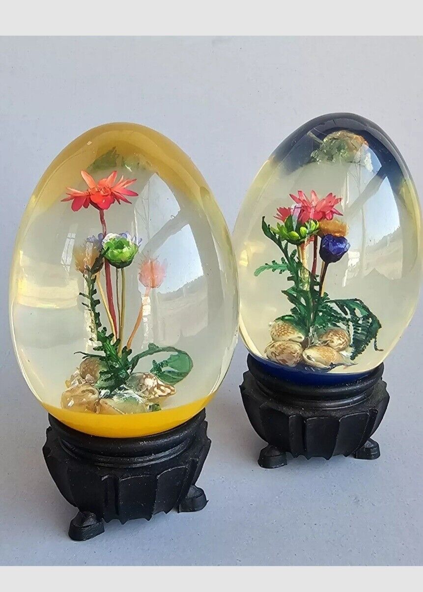 Vintage Acrylic Eggs Floral Inclusions with  Stands MCM Decor