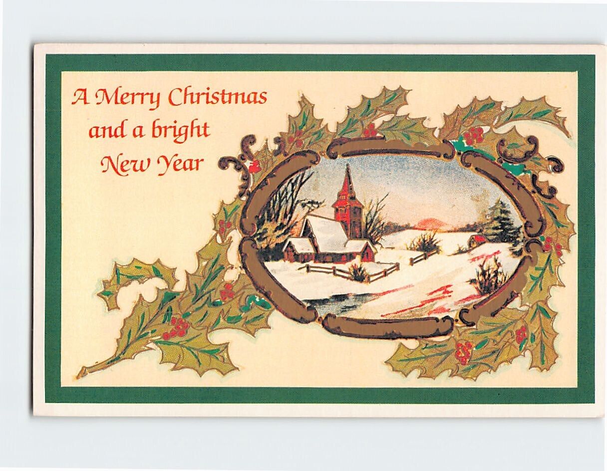 Postcard A Merry Christmas and a bright New Year with Hollies Holiday Art Print