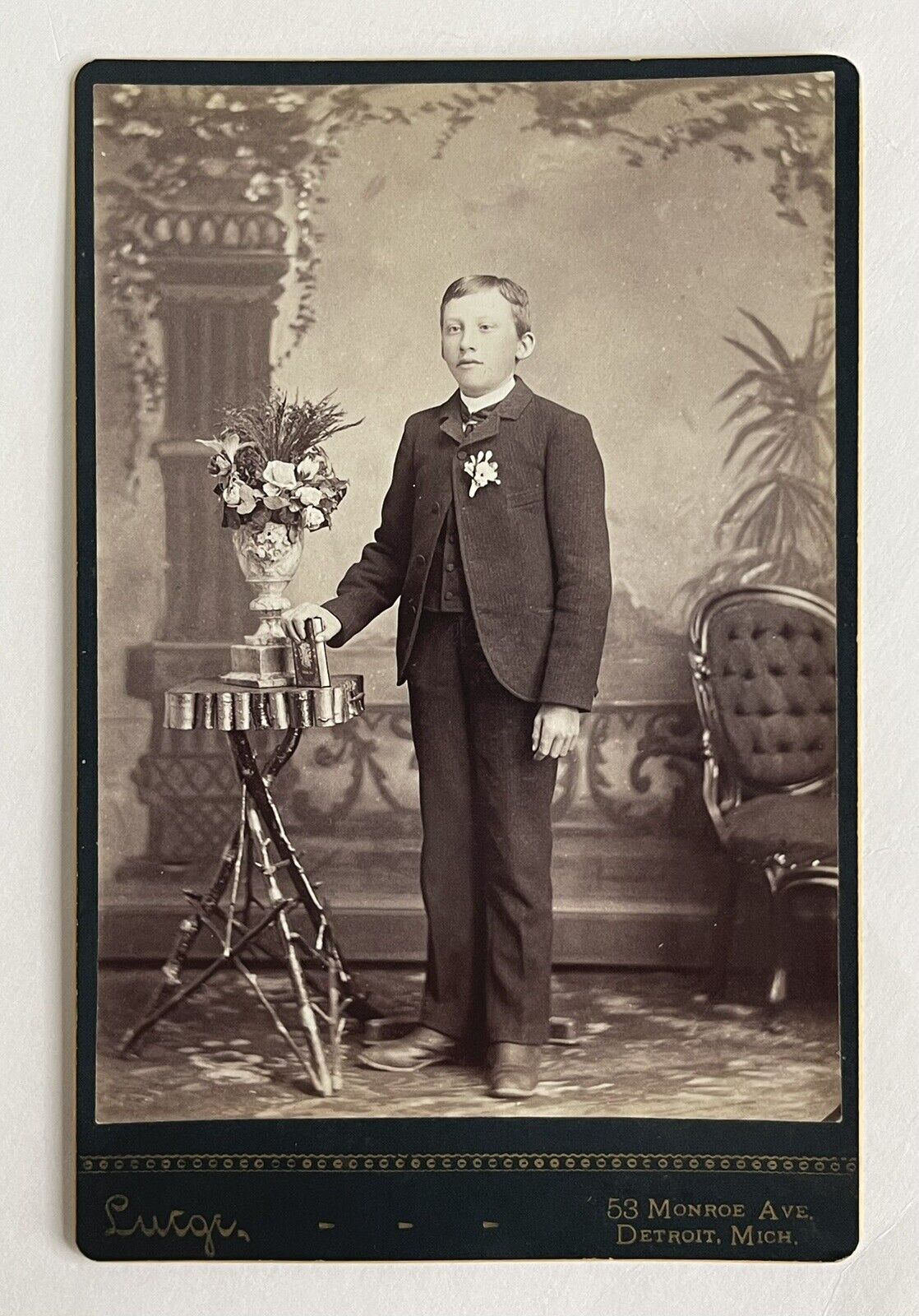 Antique Victorian Cabinet Card Photo Young Boy Standing Detroit, Michigan