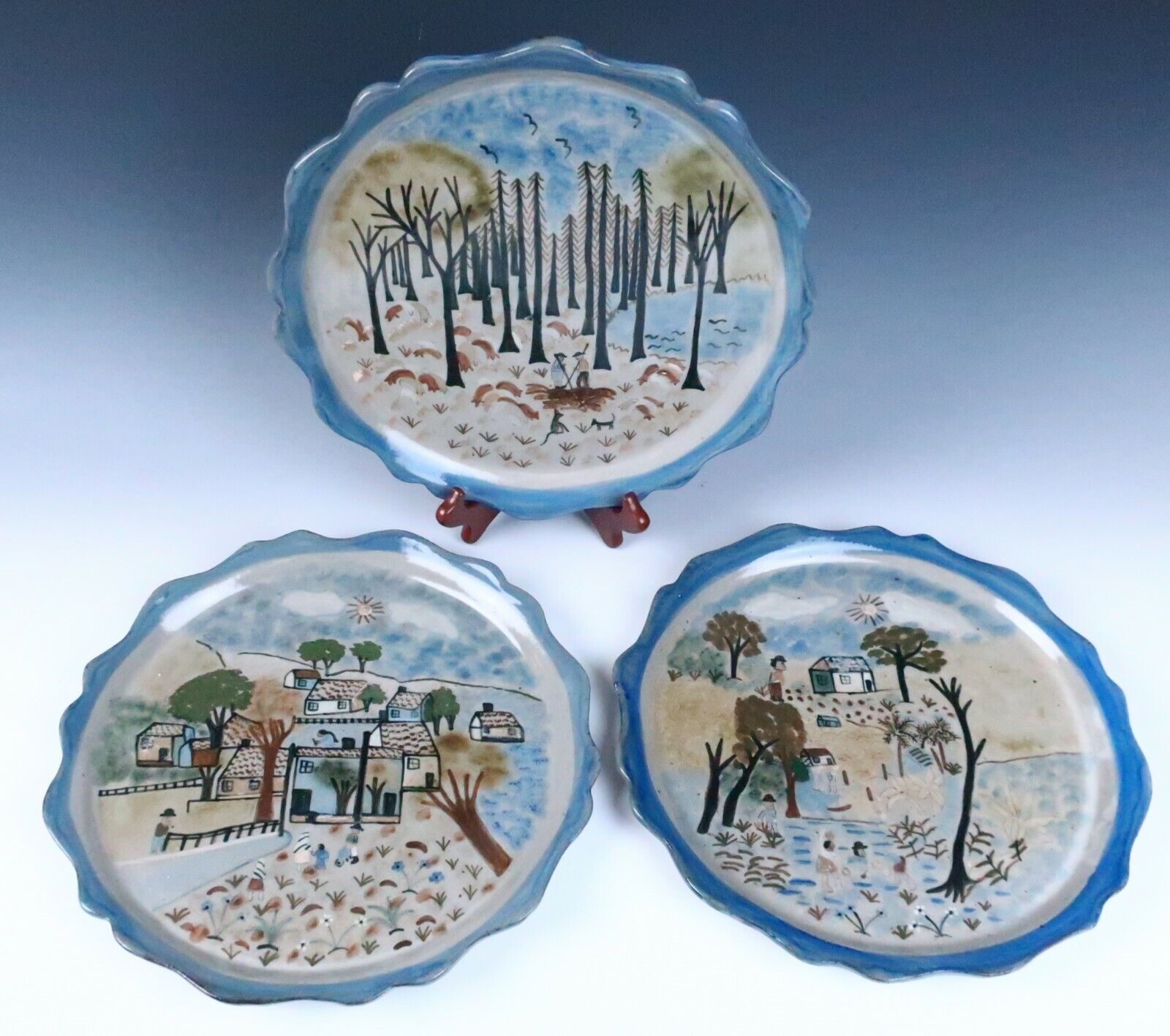 3 Vintage Mexican Pottery Charger Plate Patamban Michoacan Mexico Scenic Art