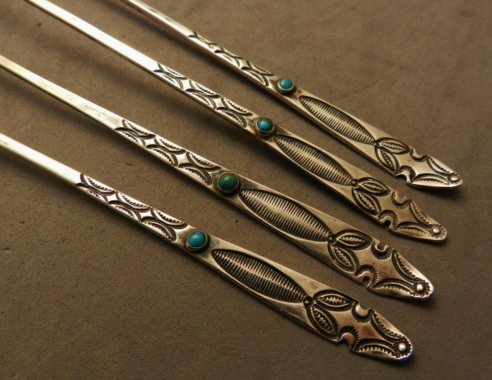 1930s  FRED HARVEY ERA NAVAJO STERLING & TURQUOISE ICED TEA SPOONS 8.5\